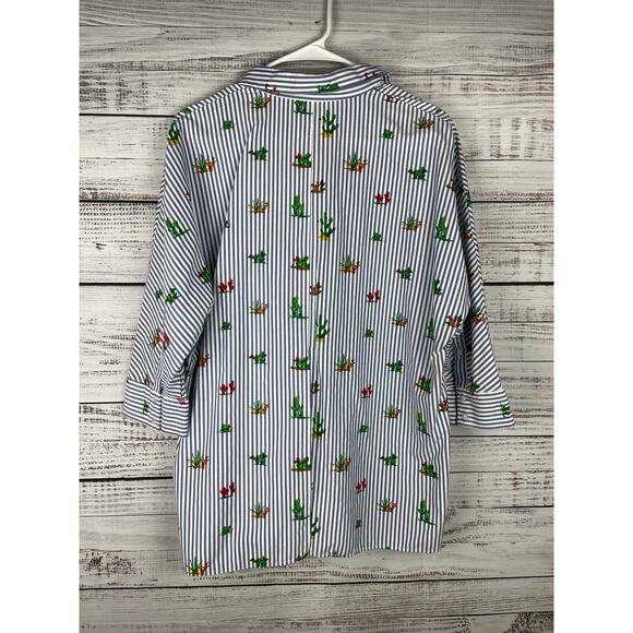 Zara White Blue Stripe Button Down Novelty Cactus Print Top XS Oversized Coastal - Picture 8 of 9